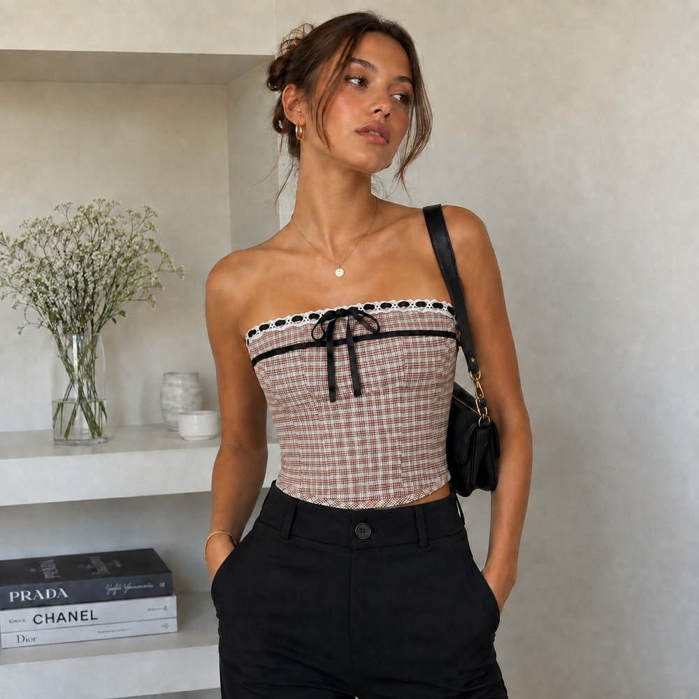 Cotton Candy LA Plaid Strapless Corset Top M Houndstooth Boned Lace Coquette Y2K